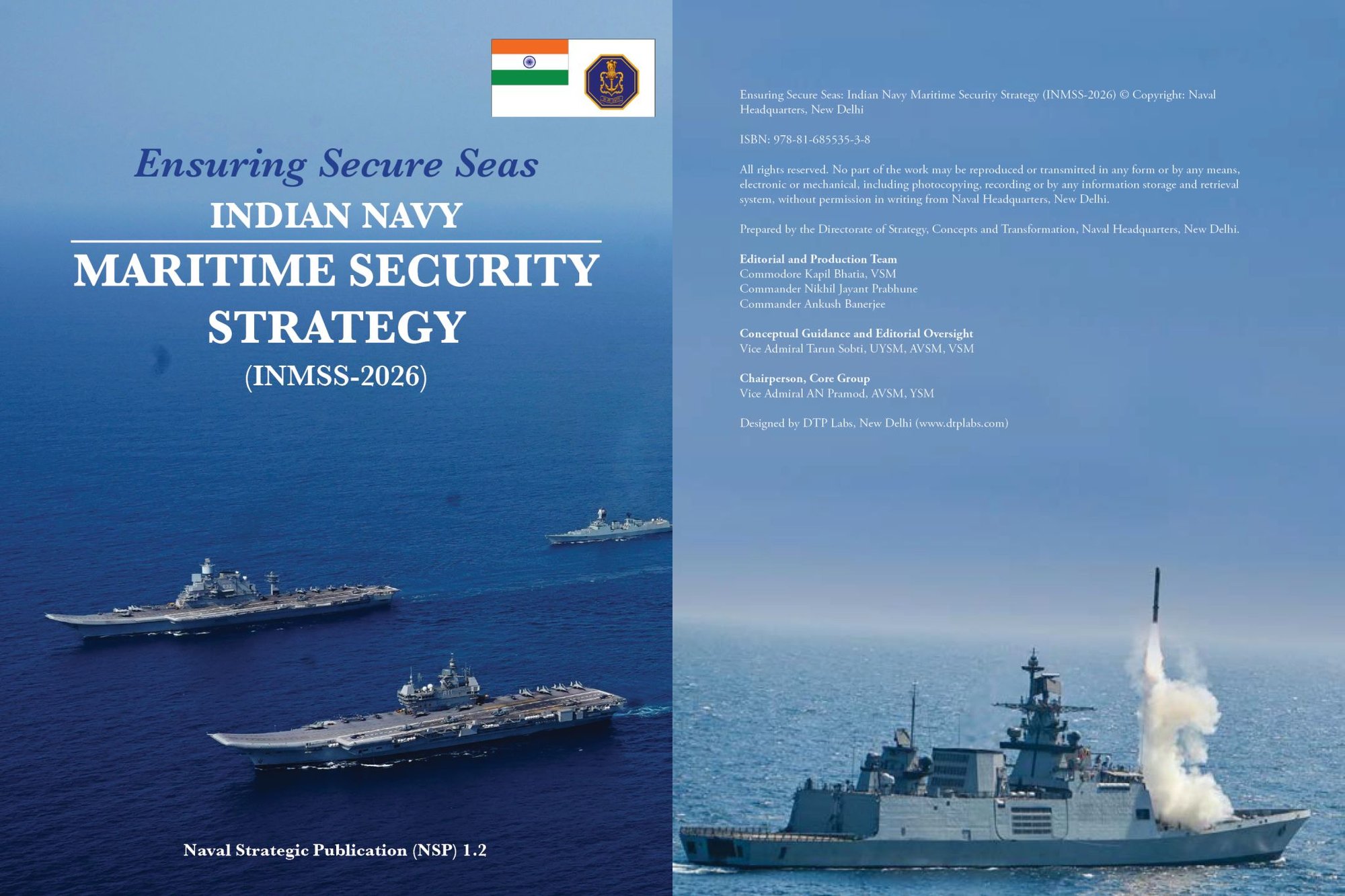 Indian Navy Maritime Security Strategy 2026 cover and credits page, designed by DTP Labs